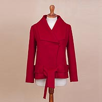 Alpaca blend coat, 'Sassy Chic in Strawberry' - Red Alpaca Blend Oversized Collar Coat with Tie Belt