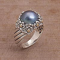 Cultured pearl cocktail ring, 'Dusky Daisy' - Blue Cultured Pearl Cocktail Ring with Floral Motifs