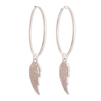 Sterling silver hoop earrings, 'Winged Roses' - Sterling Silver Hoop Earrings with Roses and Wings