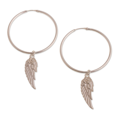 Sterling silver hoop earrings, 'Winged Roses' - Sterling Silver Hoop Earrings with Roses and Wings