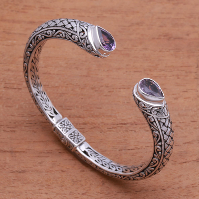 Amethyst cuff bracelet, 'Woven Drops' - Weave Pattern Amethyst Cuff Bracelet from Bali