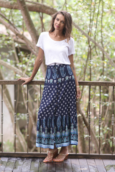 Rayon skirt, 'Navy Paisleys' - Paisley Motif Printed Rayon Skirt from Thailand