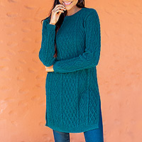 Vestido suéter 100% baby alpaca - Vestido suéter tipo túnica de punto trenzado de baby alpaca verde azulado