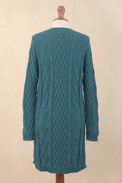 pulloverkleid aus 100 % Babyalpaka - Blaugrünes Baby-Alpaka-Tunika-Pulloverkleid mit Zopfmuster