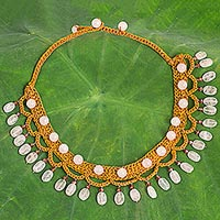 Rose quartz collar necklace, 'Rose Folk Lace' - Rose Quartz Brown Cord Collar Necklace Handmade in Thailand