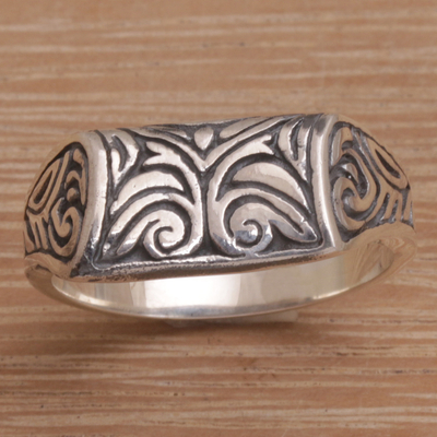 Sterling silver signet ring, 'Temple Entrance' - Handmade 925 Sterling Silver Engraved Balinese Temple Ring