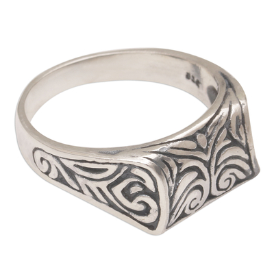 Sterling silver signet ring, 'Temple Entrance' - Handmade 925 Sterling Silver Engraved Balinese Temple Ring