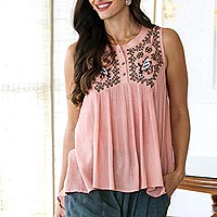 Embroidered viscose tunic, 'Summer Peach' - Embroidered Viscose Tunic from India