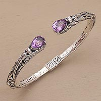Amethyst cuff bracelet, 'Looking for You' - Sterling Silver Hinged Amethyst Cuff Bracelet from Bali