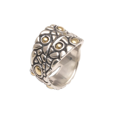Gold accented sterling silver band ring, 'Golden Cobblestones' - Balinese Sterling Silver and Gold Plated Band Ring