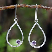 Amethyst dangle earrings, 'Rain' - Handmade Sterling Silver and Amethyst Dangle Earrings