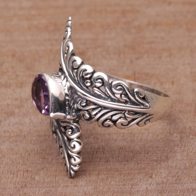 Amethyst cocktail ring, 'Ferny Caress' - Amethyst and Sterling Silver Fern Cocktail Ring from Bali