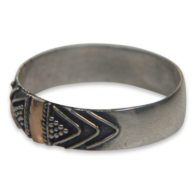 Gold accent band ring, 'Flow of Time' - Balinese Silver Band Ring with 18k Gold Accents
