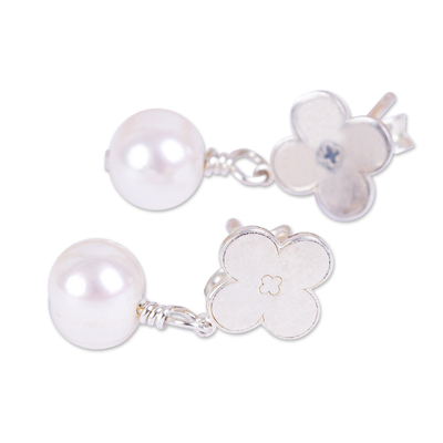 Cultured pearl dangle earrings, 'Clovers and Pearls' - Silver and Cultured Pearl Clover Dangle Earrings from Mexico