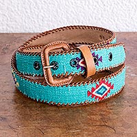 Men's leather and cotton belt, 'Woven Diamonds in Turquoise' - Men's Hand Woven Cotton and Leather Belt from Guatemala