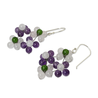 Amethyst and quartz dangle earrings, 'Nosegay' - Hand Made Amethyst and Quartz Dangle Earrings