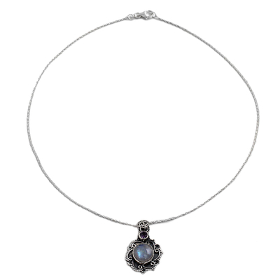 Regenbogen-Mondstein- und Amethyst-Anhänger-Halskette - Halskette aus Sterlingsilber mit Regenbogenmondstein und Amethyst