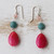 Jade and cherry quartz dangle earrings, 'Springtime colours' - Brazilian Hot Pink Jade & Apatite Dangle Earrings