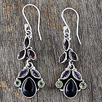 Onyx and amethyst dangle earrings, 'Abundance' - Natural Gemstone Earrings Sterling Silver Jewelry from India