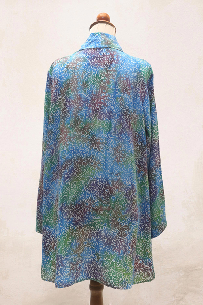Rayon batik kimono jacket, 'Rainbow Seaweed' - Hand Stamped Rayon Kimono Jacket