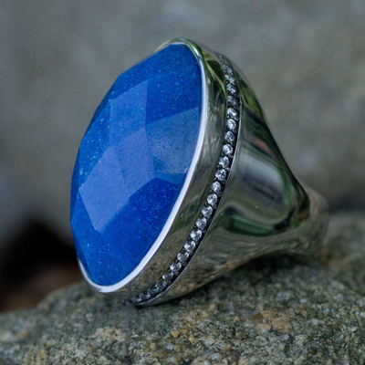 Quartz cocktail ring, 'Sparkling Halo' - Artisan Crafted Blue Quartz and CZ Silver Cocktail Ring