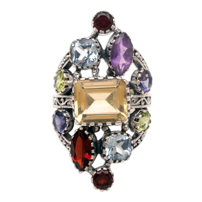 Multi-gemstone cocktail ring, 'All-Night Party' - Citrine and Amethyst Cocktail Ring from Bali