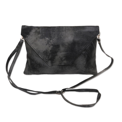 Leather sling, 'Starless Night in Charcoal' - Handcrafted Adjustable Leather Sling in Charcoal from Java