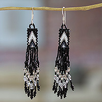 Glass beaded waterfall earrings, 'Black and White Arrowheads' - Huichol Black and White Beadwork Waterfall Earrings