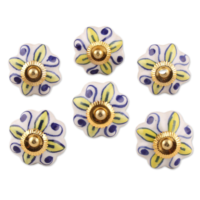 Ceramic cabinet knobs, 'Bright Sunshine' (set of 6) - Ceramic Cabinet Knobs Floral Yellow White (Set of 6) India
