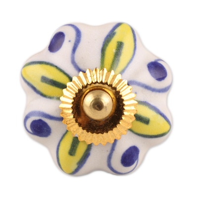 Perillas de cerámica para gabinetes, 'Bright Sunshine' (juego de 6) - Perillas de cerámica para gabinetes Floral Amarillo Blanco (juego de 6) India