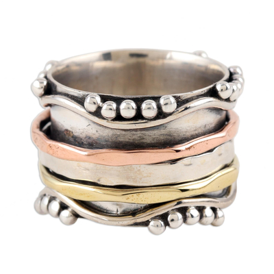 Multi-metal meditation spinner ring, 'Dotted Glory' - Sterling Silver and Copper Meditation Spinner Ring