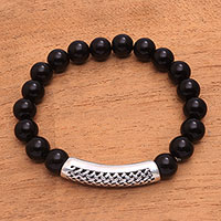 Men's onyx pendant bracelet, 'Arched Weave' - Men's Onyx Beaded Pendant Bracelet from Bali