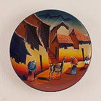 Ceramic plate, 'Andean Village' - Handmade Ceramic Decorative Painted Wall Plate from Peru