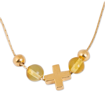 Gold plated amber pendant necklace, 'Ancient Cross' - Gold Plated Amber Cross Pendant Necklace from Mexico