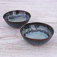 Ceramic cereal bowls, 'Blue Crush' (pair) - Hand Crafted Blue Ceramic Cereal Bowls (Pair)