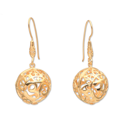 Gold plated sterling silver dangle earrings, 'Omkara Orbs' - 18k Gold Plated Sterling Silver Om Dangle Earrings