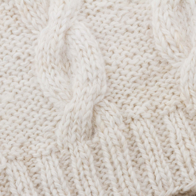 Natural 100% alpaca hat, 'Antique White' - Natural 100% Alpaca Knit Hat with Braid Motif