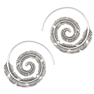 Sterling silver half hoop earrings, 'Spiral Feather' - Oxidized Sterling Silver Half Hoop Feather Earrings