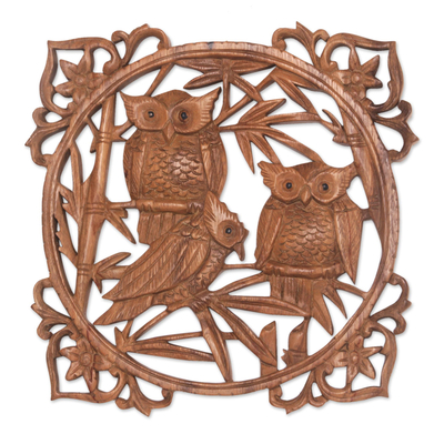 Wood wall relief panel, 'Owl Family Portrait' - Owl Hand Carved Wood Wall Panel from Indonesia