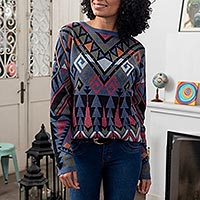 Cotton and recycled PET blend pullover sweater, 'Peruvian Jacquard' - Eco-Friendly Multicolor Jacquard Pullover Sweater from Peru