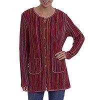 100% Alpaca knit sweater jacket, 'Andean Fire' - Multi-Color and Red Striped 100% Alpaca Knit Sweater Jacket