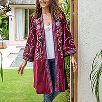 Cotton velvet kimono jacket, 'Mulberry Kashmiri Garden' - Embroidered Cotton Velvet Jacket from India