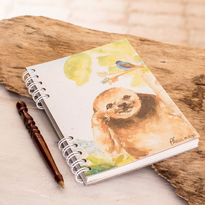 Banana leaf paper journal, 'Smiling Sloth' - Signed Sloth-Themed Paper Journal from Costa Rica