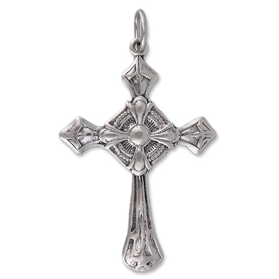 Sterling silver pendant, 'Shining Cross' - Hand Made Christian Cross Sterling Silver Pendant