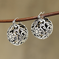 Sterling silver drop earrings, 'Floral Ball' - Sterling Silver Floral Orb Drop Earrings from India