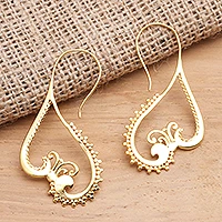Gold plated drop earrings, 'Keramas Waves' - Curvy Gold Plated Brass Drop Earrings