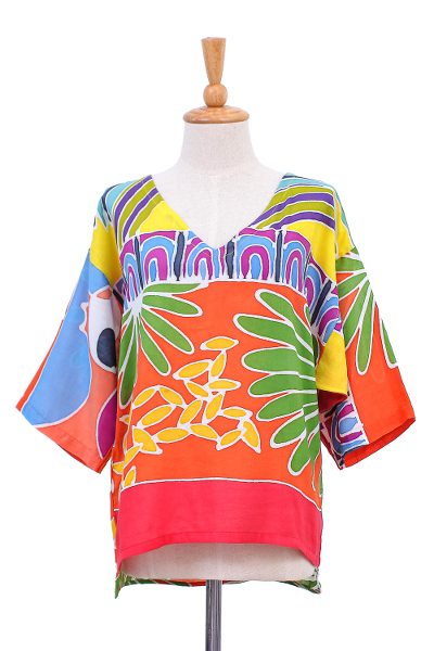 Cotton batik blouse, 'Beach Party' - Tropical Patterned Cotton Batik Blouse from Thailand