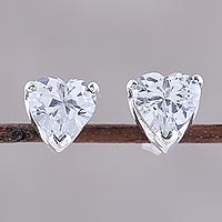 Sterling silver stud earrings, 'Glittering Heart' - Sterling Silver and CZ Heart Stud Earrings from India