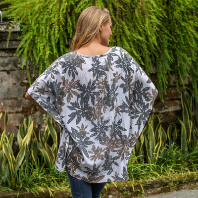 Rayon smock, 'Fragrant Flower' - Bali Floral Smock Brown and Black Hand Stamped White Rayon