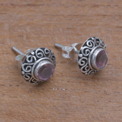 Amethyst stud earrings, 'God Eye' - Swirl Pattern Amethyst Stud Earrings from Bali